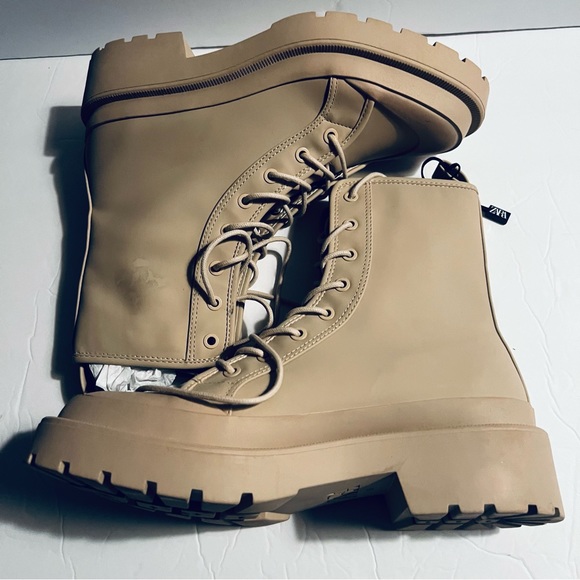 Zara Tan Ankle Combat Boots Platform Size 8 - Picture 8 of 13